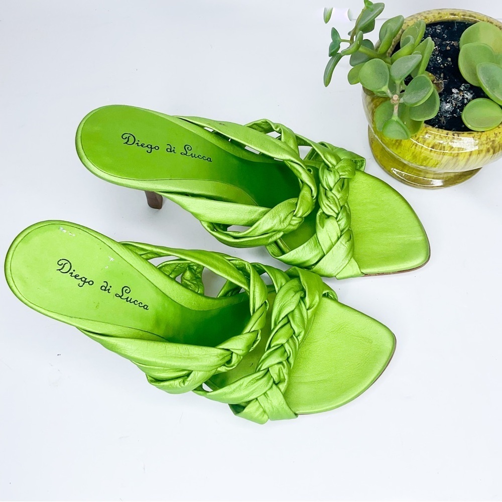 DIEGO DI LUCCA Green Leather Sandals | Metallic Braided Heels | Size 9 - Picture 2 of 8